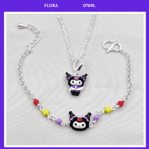FLORA 0769L - Set bạc dây chuyền lắc tay hình Kuromi dành cho bé gái