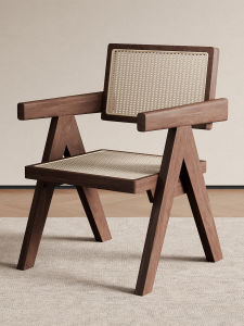 Rattan Woven Solid Wood Dining Chair Home Use Mid-Century Style Chair with Armrest Backrest Soft Padded Leisure Chair