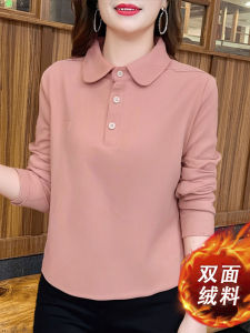 Autumn Winter Loose Double-sided Velvet Long Sleeve Base Shirt Women Pure Color Fashionable Middle-aged Mom Polo Neck Top
