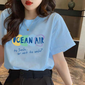 Light Blue Short Sleeve Womens T-Shirt 2024 New Style Loose Fit Summer Casual Couples Wear Student Fashion Versatile Top