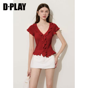 D-PLAY | Black V-neck Flounce Ruffle Sleeve Slim Knitted Top