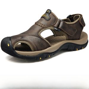 Genuine Leather Mens Sandals Top Layer Cowhide Slip-On Beach Shoes Summer Anti-Slip Soft Bottom Dad Shoes Breathable Open-Toe