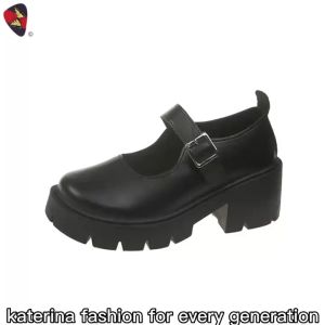 Katerina Fashion Style Maryjane Shoes Black Thick-Heel With Lace For Women Casual Student #K-111