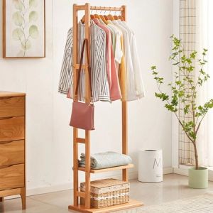 Freestanding Bamboo Corner Coat Rack Stand with Storage Shelves and Hanger Hooks