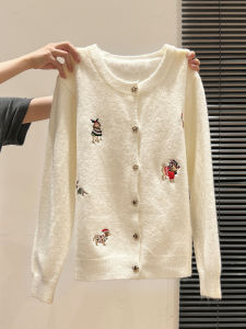 เสื้อคาร์ดิแกนถักแขนยาวผู้หญิงฤดูใบไม้ร่วง/ฤดูหนาว 2025 ทรงหลวม ปกโปโล ลายสัตว์ ผ้าฝ้ายผสมโพลีเอสเตอร์