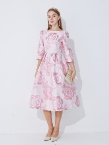 Đầm Jacquard Hoa Phong Cách Boho Thanh Lịch Dành Cho Nữ Vintage Sang Trọng Dài Đến Đầu Gối Chữ A Dạ Hội Vestido Với Tay Áo Ba Phần Tư