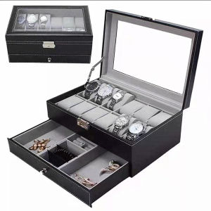 Double Layer Leather Watch Storage Organizer Box With Lock 12 Grids Slots Watch Ring ear studs Jewelry Display Storage Organizer Case Collection Boxes
