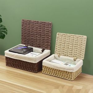 Wicker Basket Storage Box Grass Weaving Desktop Underwear Socks Key Storage Basket with Lid Hair Accessories Miscellaneous Cosmetics