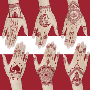 8Pcs Red Lace Henna Temporary Tattoos for Women Flower Instant Fake Tattoo for Hand Star Moon Temporary Tattoo for Wedding Party