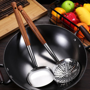 Wood Handle Long Stainless Steel Kitchen Tool with Slotted Spoon