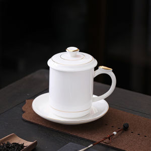 ชามชาขนาดใหญ่ ชามกาแฟ ชามประชุม ชามดินเผาสีขาว ชามดินเผาแบบมีฝาปิดสำหรับใช้ในสำนักงานและบ้าน ชามดินเผาแบบมีฝาปิด