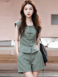 Age-Reducing Womens Amoi Chinese Style Traditional Buckle Sleeveless Linen Green Tops Drawstring Shorts Suit