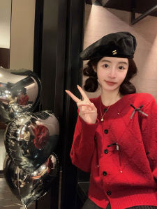 Áo Len Dệt Kim Cổ Tròn Tay Dài Mùa Đông Dày Dặn Ấm Áp Màu Đỏ Cho Nữ Áo Khoác Cardigan Hở Ren Ngọc Trai Giáng Sinh