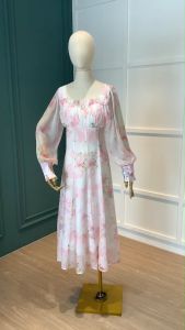 D11676 Pitch Cream Floral Long Dress