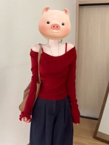 Red Christmas New Year Inner Wear Base Shirt One Shoulder Long Sleeve round Neck Short Length Solid Color T-Shirt for Women