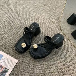 French Elegant High Heel Sandals Womens Outdoor Versatile 2025 New Summer Fashion Thick Heel Clog Slippers PU Material Rubber Sole