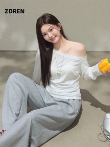 ZHANGDAREN | Bộ Quần Áo Dáng Rộng Trắng Trễ Vai và Quần Tây Cao Thắt Lưng Casual