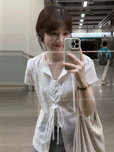 Y6Y | Áo sơ mi trắng tay ngắn kiểu Pháp cho nữ mùa hè rộng rãi thắt eo thắt lưng áo dài vai thường ngày chất liệu polyester