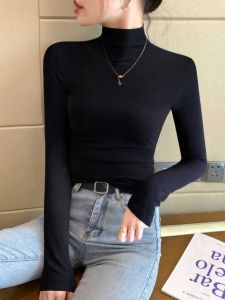 เสื้อยืดถักคอสูงครึ่งตัวสำหรับผู้หญิง เสื้อชั้นในฤดูใบไม้ผลิ ฤดูใบไม้ร่วง ฤดูหนาว เสื้อเชิ้ตคอกลมทรงสลิมฟิตสำหรับผู้หญิง