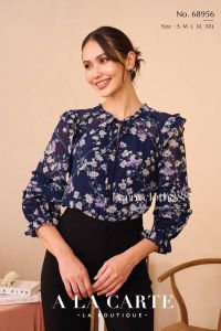 68956 เสื้อ Alacarte ชีฟองพิมพ์ลายดอก แขน 3 ส่วน ดีเทลคอกลมผูกโบ ตีเกล็ด แทรกทริม มีซับใน by PENNY CLOTH 888