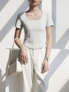 White Square-Cut Collar Short-Sleeved Womens Summer New Arrival Silm Short Slimming Inner Wear T-shirt Shoulder off-Shoulder Bottoming Shirt