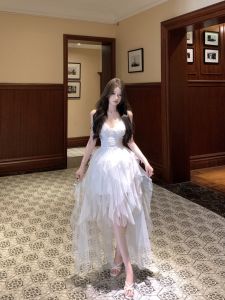 Váy Dài Chữ a Không Tay Cổ Chữ V Màu Trắng Kiểu Pháp Cho Nữ Mùa Hè Váy Lưới Thanh Lịch Váy Dự Tiệc Không Dây Váy Midi Cạp Cao