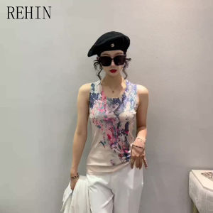 REHIN Womens T-shirt Sleeveless Knit Vest with Breathable Skin-Friendly Fabric and Unique Print Pattern Tops for Summer Fashion Tanks