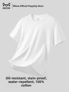 Miiow | Mens Pure Cotton Three-Proof T-shirt Short Sleeve Round Neck Summer New Style Waterproof Oil-resistant White Casual Basic Fit