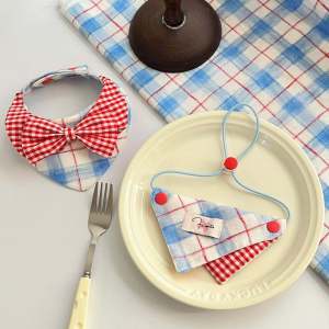 Blue Plaid Pure Cotton Pet Bandana Scarf for Cats And Dogs Saliva Towel Triangle Scarf Universal Pet Accessories