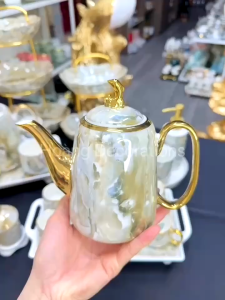 Bộ Ấm Chén Vân Đá Viền Vàng Phong Cách Bắc Âu Sang Trọng- Trang Trí Phòng Khách- Thưởng Trà Làm Quà Tặng-CONVEENIENCE Shop