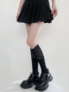 Ballet Style High Waist Lace Trim Patchwork Wooden Ear Flower Print Leggings Womens Summer Thin Medium Tube Socks