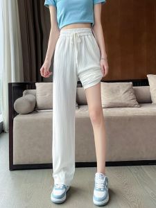 Quần Ống Rộng Bằng Lụa Băng Màu Trắng Cho Nữ Cạp Cao Mùa Hè Mỏng Quần Dài Ống Đứng Thường Ngày Mới 2024