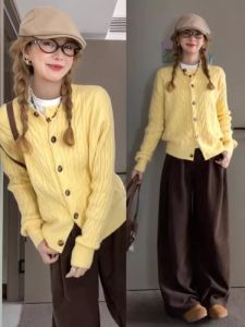 French Vintage Yellow Knitted Sweater Womens Casual College Style Spring Autumn Design Sense Quality Long Sleeve V Neck Coat