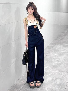 Deep Blue Denim Suspenders Pants High Waist Wide Leg Jeans Straight Cut Spring Summer Womens Fashion Trousers Floor Length