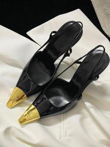 รองเท้าส้นสูงตัวอักษรเมทัลลิกสไตล์ยุโรป เซ็กซี่ สีดำ รองเท้าแตะ Pure Desire Low Cut Sharp Pointed Toe ส้นละเอียดพิเศษ ทันสมัย