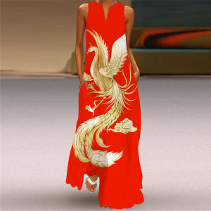 Fashionable Gradient 3D Printed Long Dress V-Neck Sleeveless Pocket Womens Clothing Casual Style Spring Summer Autumn Dress
