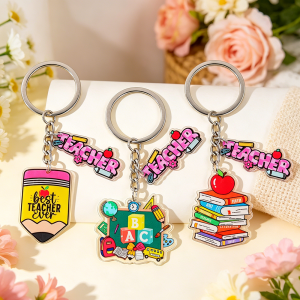 Teacher Appreciation Alloy Keychain Best Teacher Ever Pencil/Apple/Book Charm Key Ring Thank You Gift for Teachers Day