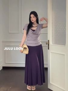 JULULOOK | Plus Size Drape Neck Waist Slimming Outfit Set
