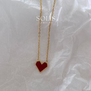 18K Gold Vintage Retro Wine Red Heart Pendant Chain Necklace • Non-Fade Stainless Titanium Steel Women NL078