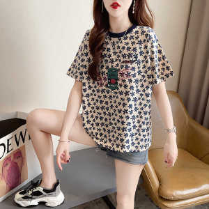 Mùa Hè Họa Tiết In Rộng Rãi Áo Thun Ngắn Tay Vừa Vặn Nữ Cỡ Lớn Cotton Vải Bông Thoải Mái Top遮肚炸街时尚宽松上衣