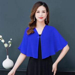 เสื้อคลุมผ้าชีฟองฤดูใบไม้ผลิและฤดูใบไม้ร่วงสำหรับผู้หญิง เสื้อคลุมชายหาดแบบสวมคอวีแขนกุด ทรงหลวม ความยาวสั้น ผ้าไนลอนผสม