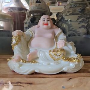 [8inch] Tượng Di Lặc Ngồi Nằm Bằng Đá Cao 20cm Màu Trắng Đẹp