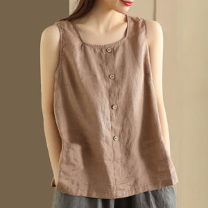 Artistic Cotton Linen Sleeveless Vest Loose Fit Button up Summer Top Womens Fashion Sun Protection Clothing