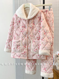 Extra Thick Three-Layer Flannel Womens Sleepwear Winter Home Clothes Coral Fleece Jacket Long Pants Soft Polyester Fabric