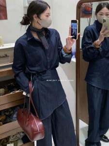 Um Retro Denim Suit Womens Autumn K-style Loose Casual Long Sleeves Shirt High Waist Loose Pants Fashion Three-Piece Set