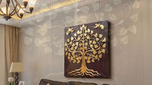 แผ่นไม้แกะติดผนัง ลายต้นโพธิ์ปิดทอง ไม้สักแกะสลักแบบนูน ของตกแต่ง โรงแรม ขนาด100x100cm จัดส่งฟรี