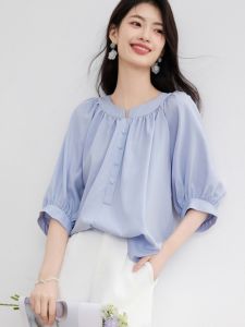 September Loose Fashionable Womens Shirt Lantern Sleeve Five-Quarter Length Cover Belly Slimming Top Commute Style Casual Wear