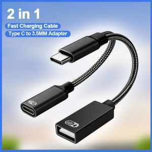 2 in 1 Type C Audio Adapter TypeC to 3.5mm Jack Microphone Adapter OTG Data Transfer Suitable for iPhone 16 15 Samsung Converter