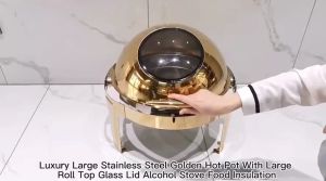 Deluxe Buffet Stainless Steel Round Roll Top Chafer / Chafing Dish 6.8Liter - Gold Stand with Glass Window