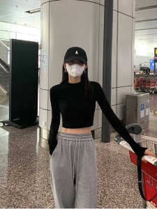 Slimming Leg Lengthening High Waist Street Style Base Tee T-Shirt Short Yoga Long Sleeve Womens Fashion Spring Cotton Blend